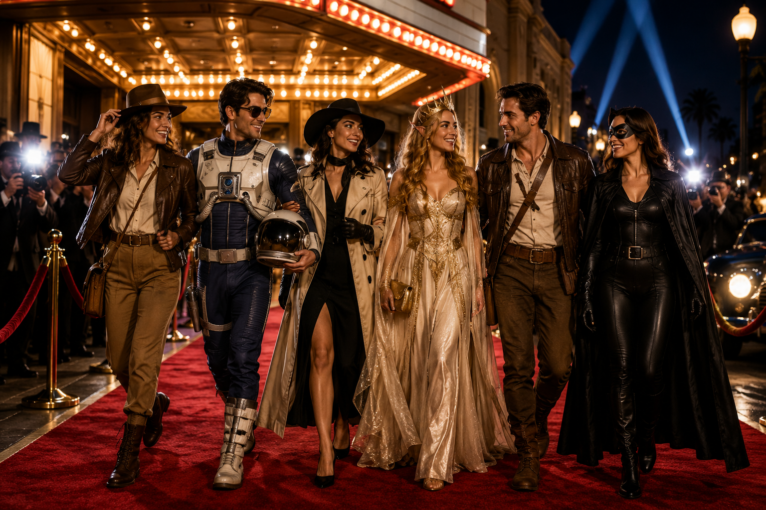 Group of friends wearing movie-inspired Halloween costumes walking the red carpet outside a vintage movie theater.