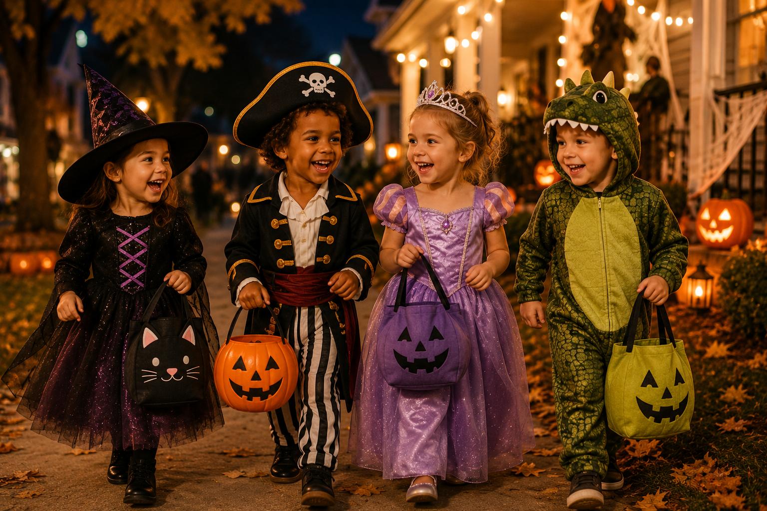 Children dressed in Halloween costumes for trick-or-treating