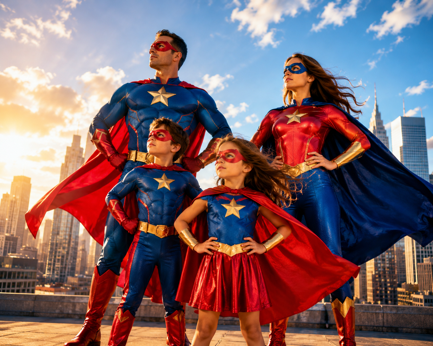 Family dressed in superhero-inspired Halloween costumes posing heroically against a city skyline.
