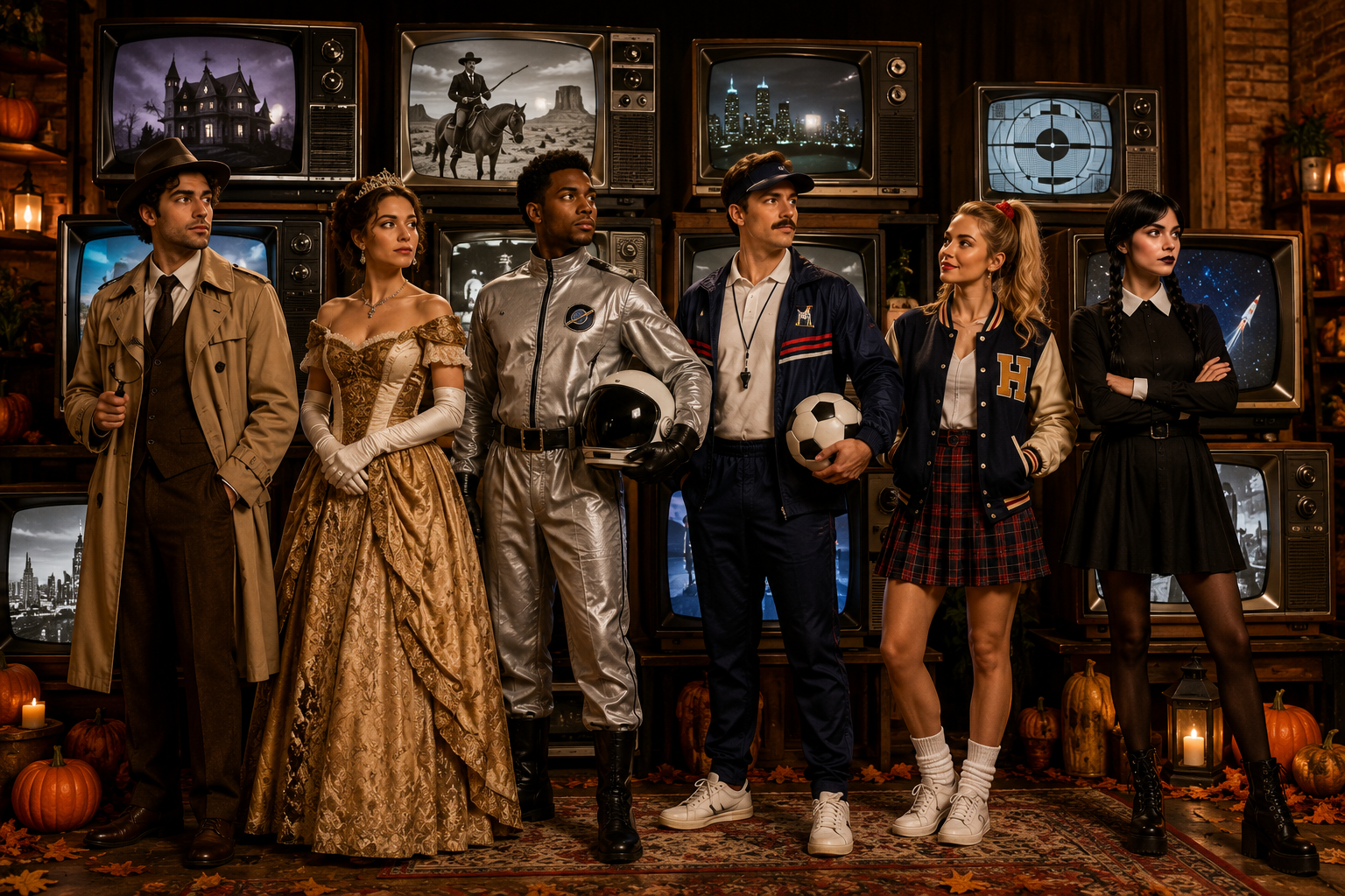 Group of adults wearing TV-inspired Halloween costumes standing in front of a wall of vintage televisions.