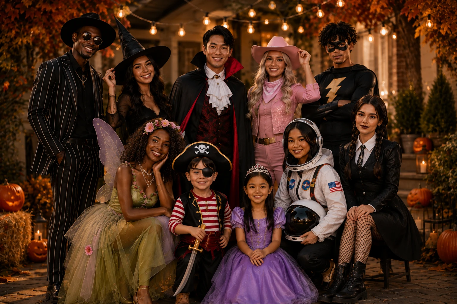 Friends and family posed together in Halloween costumes on a decorated porch